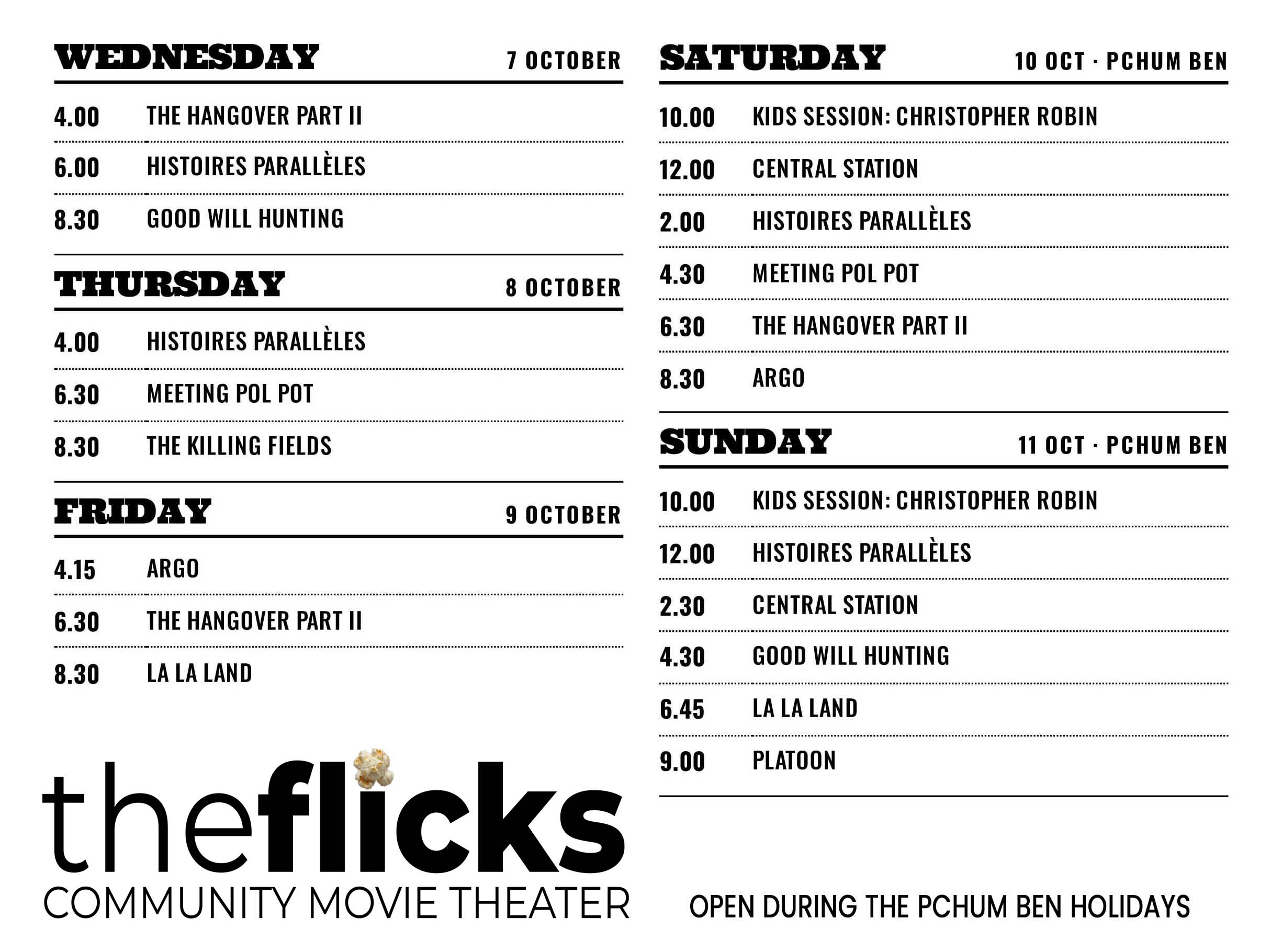 Our schedule to 11 October